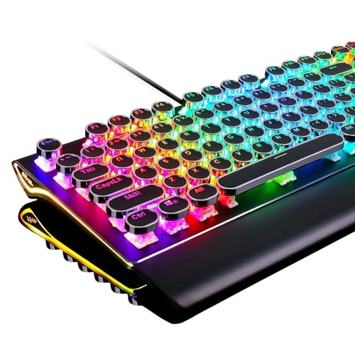 RK ROYAL KLUDGE S108 Typewriter Keyboard, Retro Mechanical Gaming Keyboard Wired 108 Keys with RGB Backlit Sidelight, Detachable Wrist Rest, Round Keycaps Blue Switches - Black