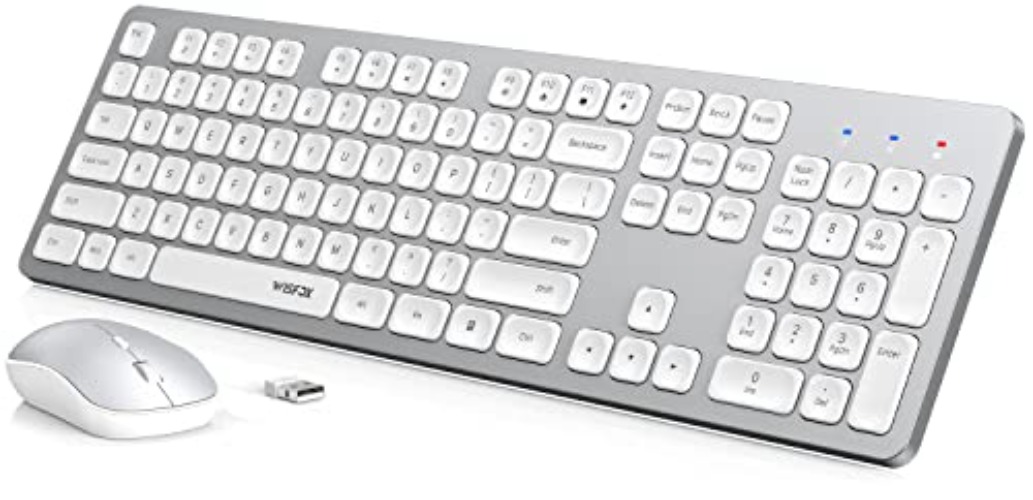 Wireless Keyboard and Mouse, Silent Responsive Keys, Full Size and Battery Powered - Slim Design and Quiet Typing, USB Cordless Combo for Mac, Computer, PC, Laptop - by Wisfox, Sliver and White - White