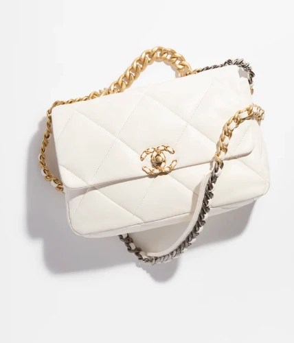 Chanel 19 large handbag, Shiny lambskin, gold-tone, silver-tone & ruthenium-finish metal, white — Fashion | CHANEL