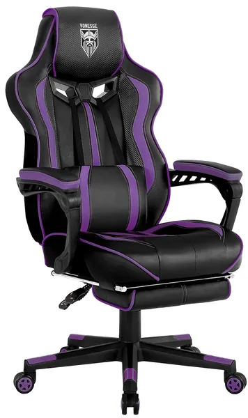 Vonesse Gaming Stuhl Lila Ergonomischer Gaming Chair Liegender Design Gaming Stuhl Mit Fußstützen für Gamer Computerstuhl Drehstuhl Zocker Stuhl Gamer Sessel Racing Stuhl mit Massage - Liegender—lila