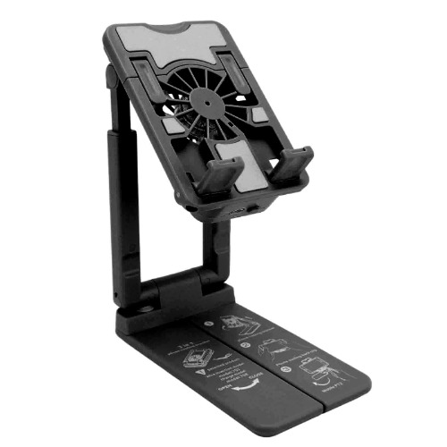 Phone Stand with Cooling Fan, Foldable Phone Holder Stand, Height Adjustable Desk Mobile Holder for Live Streaming, Mobile Gaming (Black) - Black