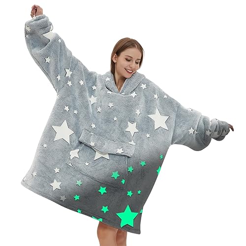 Glow in The Dark Wearable Blanket Hoodie for Adult,Oversized Sherpa Fleece Blanket Hoodie for Women Men,Luminous Stars - Adult-luminous Stars - Adult