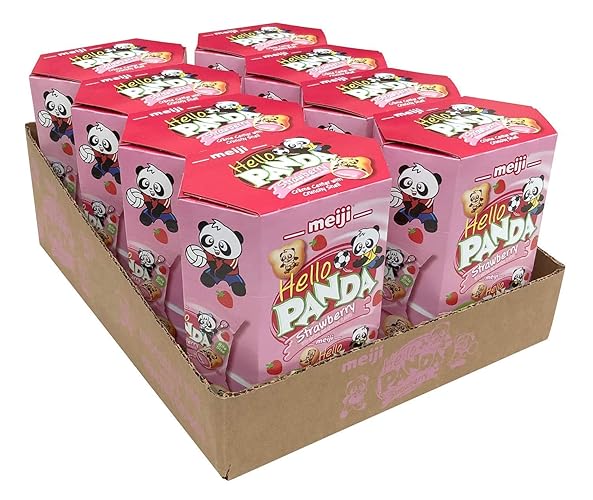 Meiji Hello Panda Cookies, Strawberry Crème Filled - 6 oz, Pack of 8, 64 Bags Total - Bite Sized Cookies with Fun Panda Sports - Strawberry