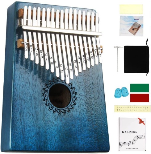 FLSEPAMB Kalimba 17 Key Thumb Piano with Mahogany Wood Portable Mbira Finger Piano Gifts for Kids and Piano Beginners Professional (Blue) - Blue