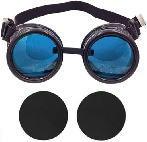 TamBee New Colored Diamond Lens Vintage Steampunk Goggles Glasses Welding Black With Blue Rechangeable Lens Halloween Face Mask - Blue