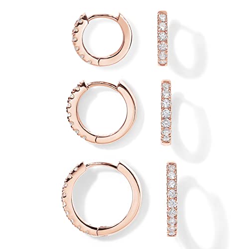 PAVOI 18K Gold Plated 925 Sterling Silver Post, 3 Pairs Small Gold Hoop Earrings Set | Mini Cartilage Helix Huggie Hoop Pack for Women Men 8mm 10mm 12mm - Rose Gold