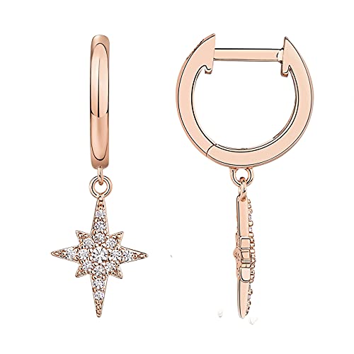 PAVOI 14K Gold Plated S925 Sterling Silver Post Lightweight Drop/Dangle Huggie Earrings for Women | Religious Ornament: Cross, Evil Eye, Clover, Celtic | Dainty Earrings for Women - Rose Gold - Celestial