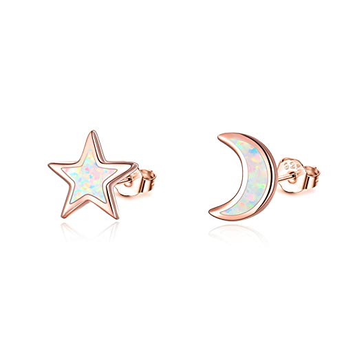 Cuoka 925 Sterling Silver Moon and Star Earrings, Opal Sun Earrings Hypoallergenic Moon Star Sun Opal Studs Earrings,Delicate Opal Jewelry Birthday Graduation Gift For Women Girls - A02-Opal Moon Star(Rose Gold )