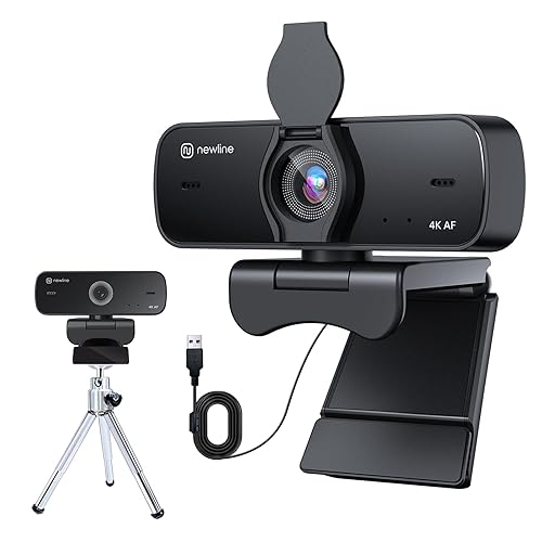N newline PC Webcam 4k/30fps mit 2 Mikrofonen mit Rauschunterdrückung, Autofokus, Lichtkorrektur, mit Privacy Shutter und Stativ, USB 2.0 UHD Webcam für PC Mac Desktop Skype Streaming - NewEye60