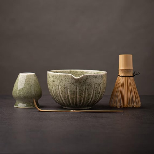 TANG PIN Matcha Set - Match Bowl with Spout and Whisk, 15 OZ, Matcha Scoop | Matcha Whisk Stand (Chasen Holder) - 4pc Perfect Matcha Kit for Matcha Tea Ceremony (Mottled Green) - Mottled Green