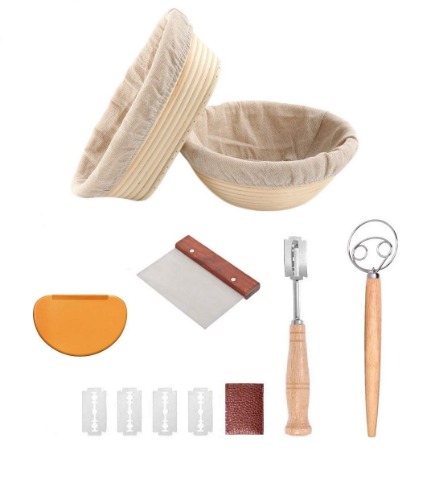 YAANI Bread Proofing Basket Set Of 2 Round and Oval, Banneton Proofing Basket + Danish Dough Whisk + Bread Scoring Lame + Stainless Steel Scraper + Flexible Scraper, Sourdough Tools Kit, Baking Gifts