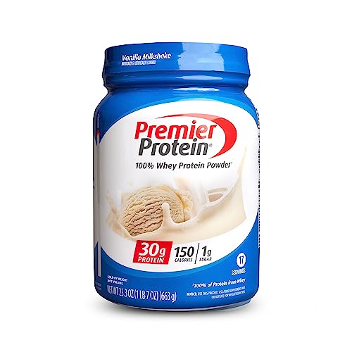Premier Protein Powder, Vanilla Milkshake, 30g Protein, 1g Sugar, 100% Whey Protein, Keto Friendly, No Soy Ingredients, Gluten Free, 17 servings, 23.3 ounces - Vanilla milkshake - Protein Powder