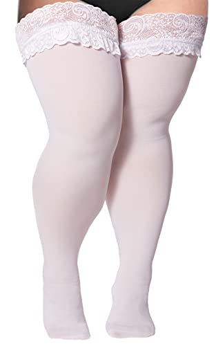 Moon Wood Plus Size Thigh High Stockings Womens 55D Semi Sheer Silicone Lace Top Stay Up Lingerie Thigh Highs Pantyhose - White
