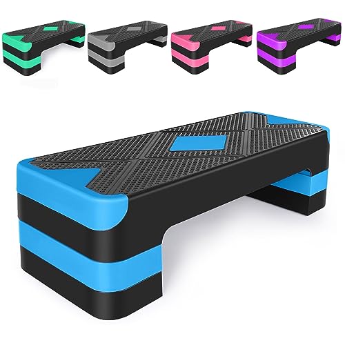 Adjustable Workout Aerobic Stepper in Fitness & Exercise Step Platform Trainer 3 settings adjustable height 4”-6”-8” - blue