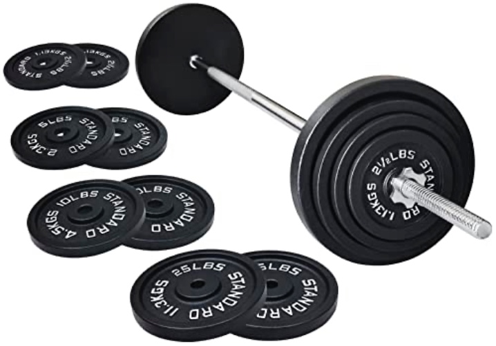 Signature Fitness Cast Iron Standard Weight Plates Including 5FT Standard Barbell with Star Locks, 95-Pound Set (85 Pounds Plates + 10 Pounds Barbell), Multiple Packages - Style #1