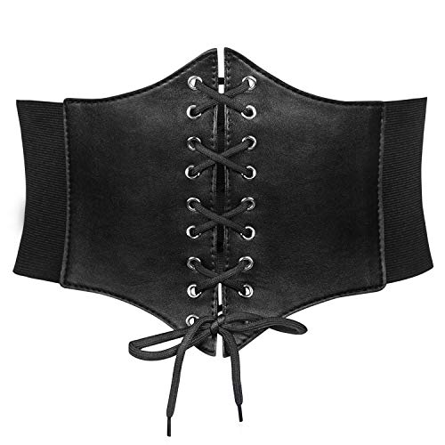 JASGOOD Women’s Elastic Costume Waist Belt Lace-up Tied Waspie Corset Belts for Women - Fits Waist 42"-46" - A-black