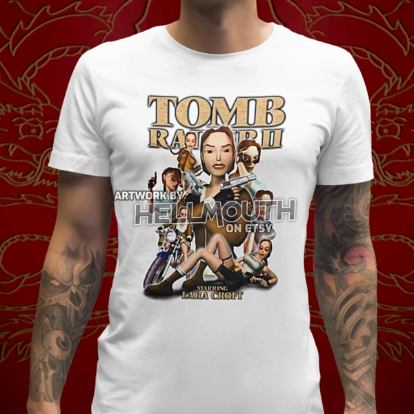 Tomb Raider 2 starring Lara Croft - White T-Shirt. 90's. Retro gaming. Male & Female all sizes. 1997 Game.