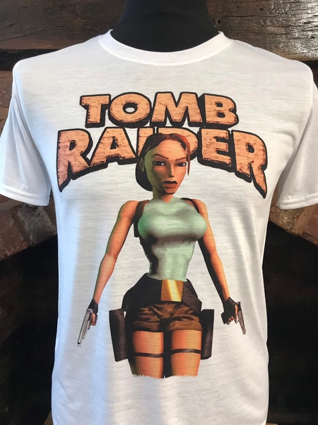 Tomb Raider - Lara Croft - White T-Shirt. 90's. Retro gaming. Male & Female all sizes. Custom Made. Game.