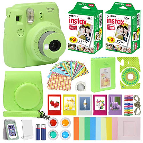 Fuji Film Instax Mini 9 Instant Camera Lime Green with Carrying Case + Fuji Instax Film Value Pack (40 Sheets) Accessories Bundle, Color Filters, Photo Album, Assorted Frames, Selfie Lens + More - Lime Green - Standard Packaging