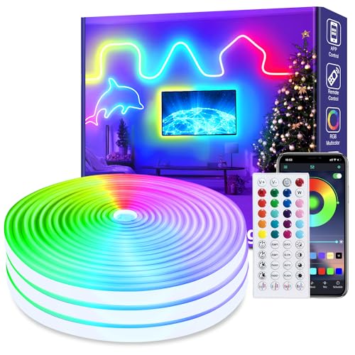 vimeepro 50Ft Led neon Rope Lights Music Sync IP65 Waterproof Flexible Led Rope Lights 40Key Remote/APP Control,Outdoor RGB Neon Lights, DIY Wall Decor Led Neon Strip Lights for Bedroom Indoor. - 50ft