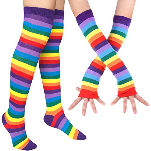 Chalier Womens Rainbow Socks Striped Knee High Socks Arm Warmer Fingerless Gloves Set - Dark Purple