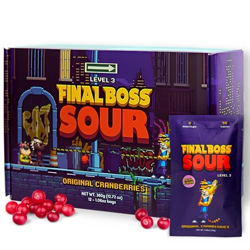 Final Boss Extremely Super Sour Candy, Natural Chewy Cranberry Gummies Made with Dried Fruit, Free of Artificial Colors, Low Calorie Healthy Snack for Kids & Adults, 1.06oz, 12 Pack (LvL 3 Sourness) - Cranberry Level 3