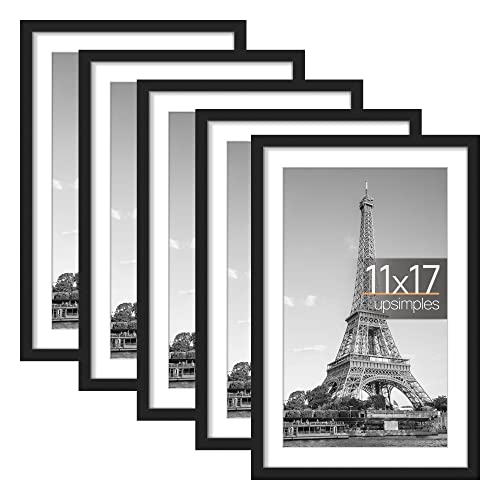 upsimples 11x17 Picture Frame Set of 5, Display Pictures 9x15 with Mat or 11x17 Without Mat, Wall Gallery Photo Frames, Black - Black - 11x17