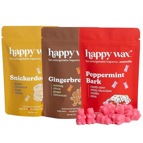 Happy Wax Holiday Treats Collection Scented Natural Soy Wax Melts – 6 Total Oz. of Scented Wax Melts, Collection Includes 2oz Peppermint Bark, 2oz Gingerbread, and 2oz Snickerdoddle Wax Melts - Holiday Treats Mix