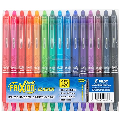 Pilot, FriXion Clicker Erasable Gel Pens, Fine Point 0.7 mm, Pack of 15, Assorted Colors - 1 Count (Pack of 15)