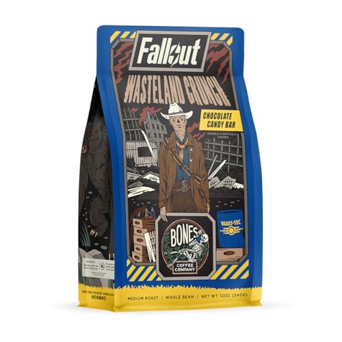 Bones Coffee Company Wasteland Crunch Whole Coffee Beans, Chocolate Candy Flavor, Low Acid Flavored Coffee, Made with Arabica Coffee Beans, Dark Roast Coffee, Fallout Series Inspired Coffee (12 oz) - Chocolate Candy Bar (Whole Bean)