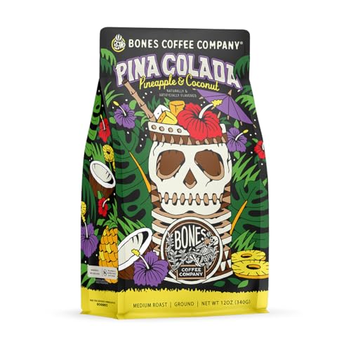 Bones Coffee Company Pina Colada Whole Coffee Beans | 12 oz Flavored Coffee Gifts Low Acid Medium Roast Gourmet Coffee (Whole Bean) - Pina Colada (Whole Bean)