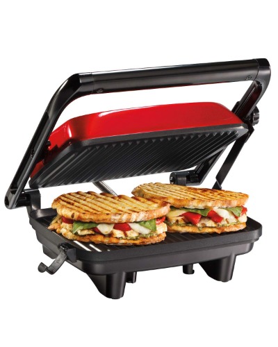 Hamilton Beach Electric Panini Press Grill with Locking Lid, Opens 180 Degrees for Any Sandwich Thickness, Nonstick 8" X 10" Grids, Red (25462Z) - Red Grill