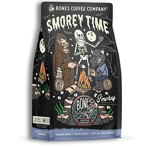 Bones Coffee Company S'morey Time Whole Coffee Beans S'mores and Graham Crackers Flavor, Low Acid Flavored Coffee, Made with Arabica Coffee Beans, Dark Roast Coffee, Coffee Lover Gift Ideas (12 oz) - S'mores & Graham Crackers (Whole Bean)