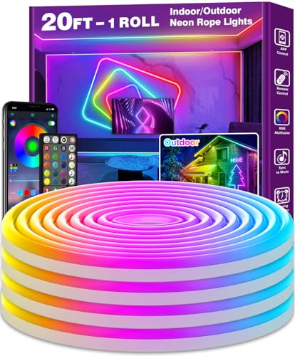 AILBTON Led Neon Rope Lights 20Ft,Flexible,Control with App/Remote,Multiple Modes,IP65 Outdoor RGB Waterproof,Music Sync Gaming Strip Lights for Bedroom Indoor