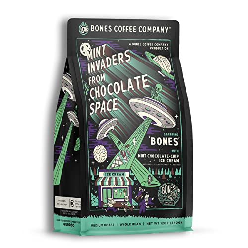 Bones Coffee Company Mint Invaders Whole Coffee Beans Mint Chocolate Chip Flavor, Low Acid Flavored Coffee, Made with Arabica Coffee Beans, Dark Roast Coffee, Fallout Series Inspired Coffee (12 oz) - Mint Invaders (Whole Bean)