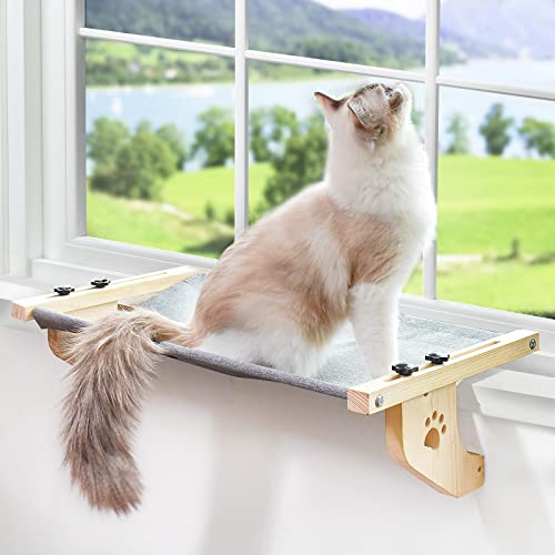 AMOSIJOY Cat Sill Window Perch Sturdy Cat Hammock Window Seat with Wood & Metal Frame for Large Cats, Easy to Adjust Cat Bed for Windowsill, Bedside, Drawer and Cabinet (XL) - XL - 27.5'' - Grey Mat