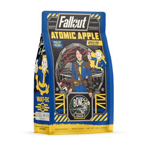 Bones Coffee Company Atomic Apple Whole Coffee Beans, Apple Pie Flavor, Low Acid Flavored Coffee, Made with Arabica Coffee Beans, Dark Roast Coffee, Fallout Series Inspired Coffee (12 oz) - Apple Pie (Whole Bean)