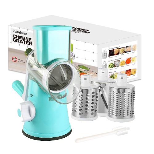 Cambom Manual Rotary Cheese Grater - Round Mandoline Slicer with Strong Suction Base, Vegetable Slicer Nuts Grinder Cheese Shredder with Clean Brush - Blue