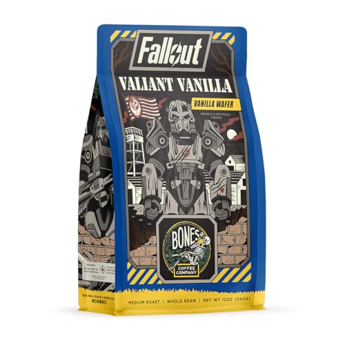 Bones Coffee Company Valiant Vanilla, Whole Coffee Beans Vanilla Wafer Flavor, Low Acid Flavored Coffee, Made with Arabica Coffee Beans, Dark Roast Coffee, Fallout Series Inspired Coffee (12 oz) - Vanilla Wafer (Whole Bean)