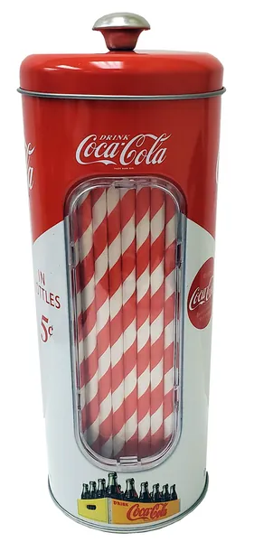 The Tin Box Company Coke Holder Tin with 20 Paper Straws Inside, 3-3/8 x 8-1/4"H, Red and White - Coke 2022