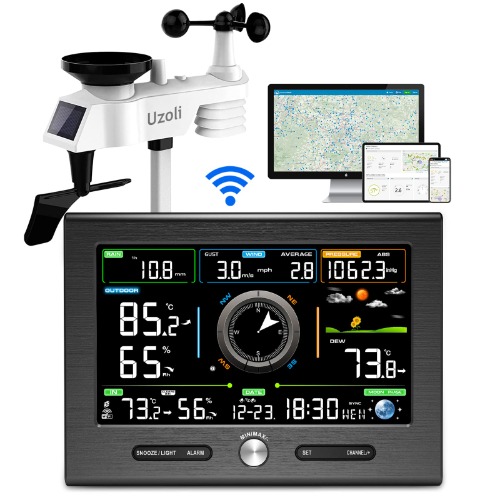 Uzoli FT0367 7.3" Weather Station, Weather Station Wireless Indoor Outdoor Thermometer, WiFi Weather Station, Home Wireless Weather Stations with Rain Gauge, Wind Speed, Barometer, Moon Phase