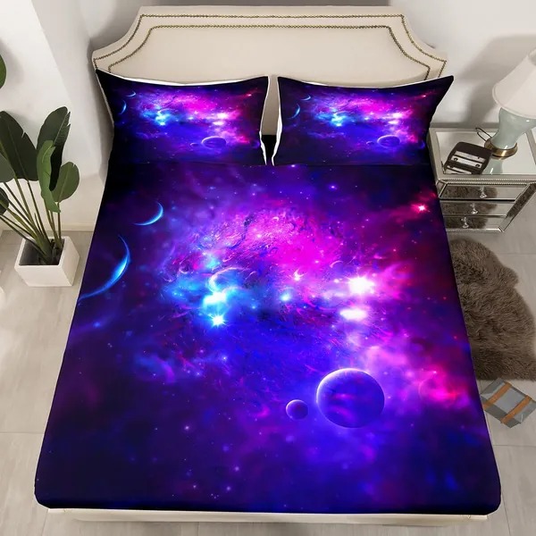 Erosebridal Purple Starry Sky Bedding Set Constellation Fitted Sheet Galaxy Star Printed Bed Cover Mysterious Outer Space Bedspread for Children Adults,Full Size 3Pcs(1 Fitted Sheet 2 Pillowcases) - Multi 20 Full(54"x75"x16")