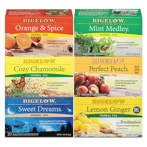 Bigelow Tea Herbal Tea 6 Flavor Variety Pack, Caffeine Free, (Pack of 6) 118 Tea Bags Total - Herbal Tea Variety Pack - 20 Count (Pack of 6)