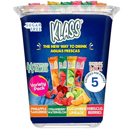 Drink Mix Klass Aguas Frescas - 44 Powdered Sugar Free Singles - Flavors: Cucumber Limeade Pineapple Tangerine Strawberry Watermelon & Hibiscus Berries - Water Enhancer Packets To Go! - Aguas Frescas
