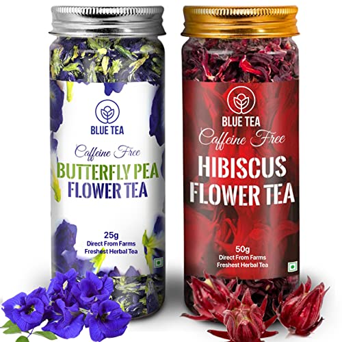 BLUE TEA - COMBO-Blue Tea Butterfly Pea Flower Tea (0.88 OZ) and Hibiscus Flower Tea (1.76 OZ) | New Year Gifts 2024 | DETOX TEA | Caffeine Free- Eco-Conscious Packaging | - Combo - 2.64 Oz