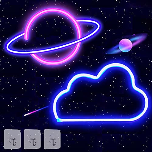 Werfeito Neon Sign, 2 Pack Cloud and Planet Neon Lights Sign, Neon Signs for Wall Decor USB or Battery Operated Led Signs for Bedroom Christmas Birthday Wedding Party Decoration