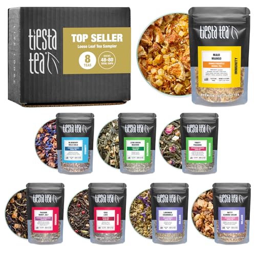 Tiesta Tea - Top 8 Favorites Loose Tea Sampler Dry Flight Set | High to No Caffeine Hot & Iced Tea | Loose Leaf Tea Sample Set with Green, Herbal, Fruit, Black & Chai Tea - 8 Resealable Sample Pouches - Best Seller Tea Sampler Set
