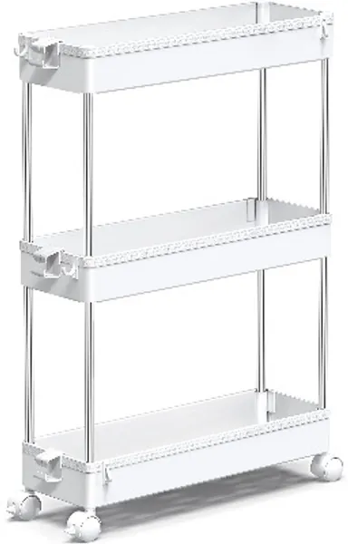 SPACEKEEPER 3 Tier Slim Storage Cart Mobile Shelving Unit Organizer Slide Out Storage Rolling Utility Cart Tower Rack for Kitchen Bathroom Laundry Narrow Places, Plastic & Stainless Steel, White