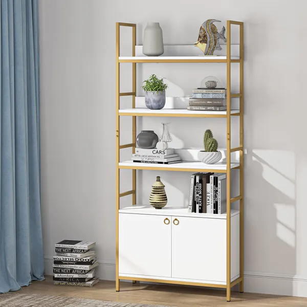 Tribesigns Gold Bookcase, 4-Tier White Etagere Standard Bookshelf with Storage Cabinet, Modern Book Shelves Display Shelf with Door for Living Room Home Office, Gold - Gold