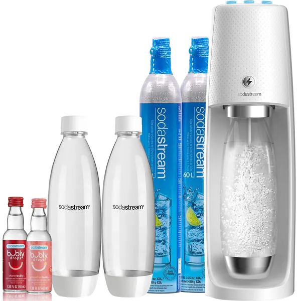 SodaStream Fizzi One Touch Sparkling Water Maker Bundle (White) with CO2, BPA free Bottles, and bubly drops Flavors - Bundle White
